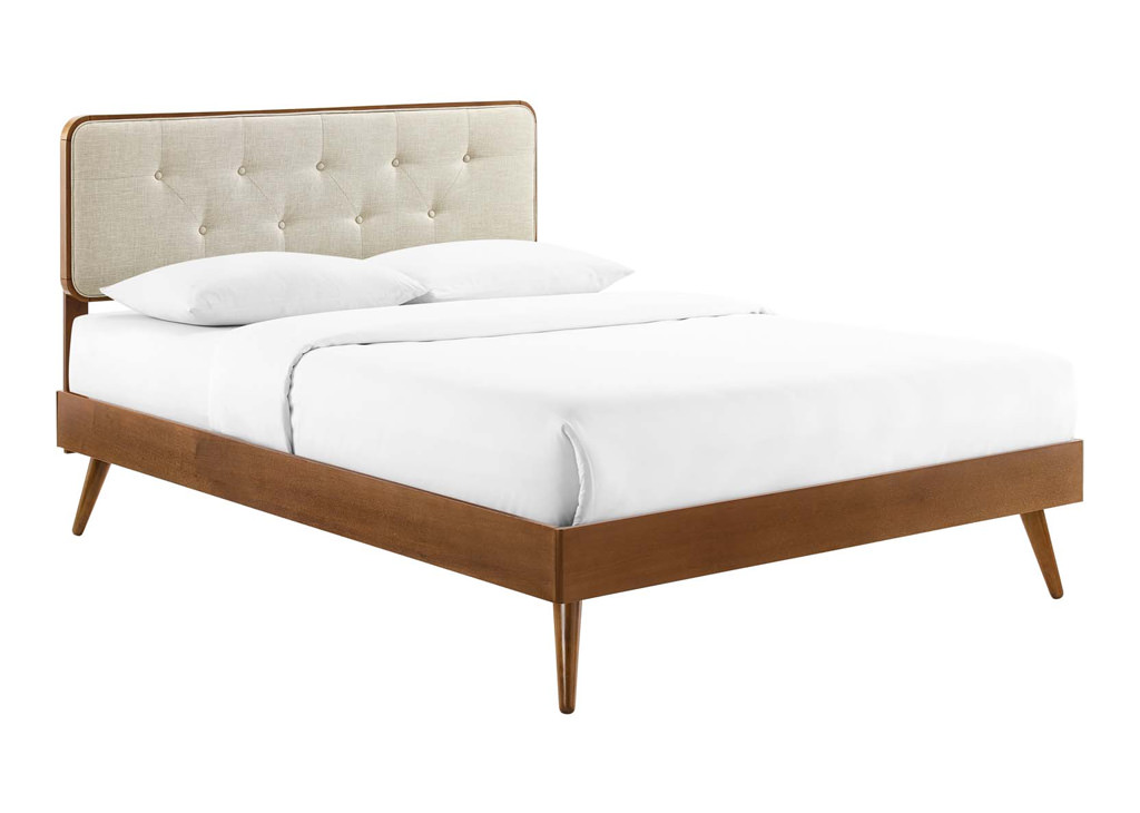 Splayed legs wooden bedframe with upholstered button tufted headboard with adjustable size notches to accommodate mattress sizes