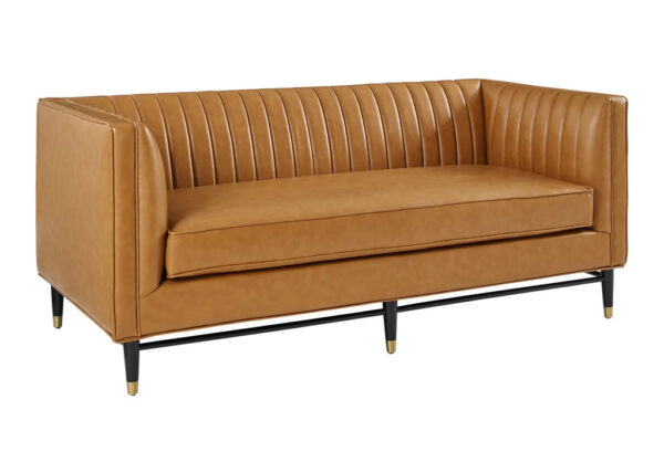 Tan Color Vertical Channel Tufted Vegan Leather Loveseat with black wood legs with gold stainless steel leg sleeves