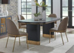 Modern Style Oval Shaped black wood dining table with gold accents and 4 chairs with taupe synthetic leather upholstery with gold finish tubular steel legs