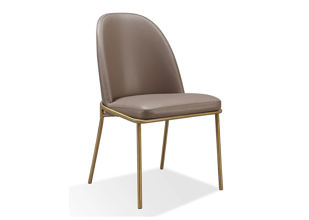Mid-Century Modern Style Taupe Leather Upholstered Chairs for dining or side with brass/gold finish steel tubular legs