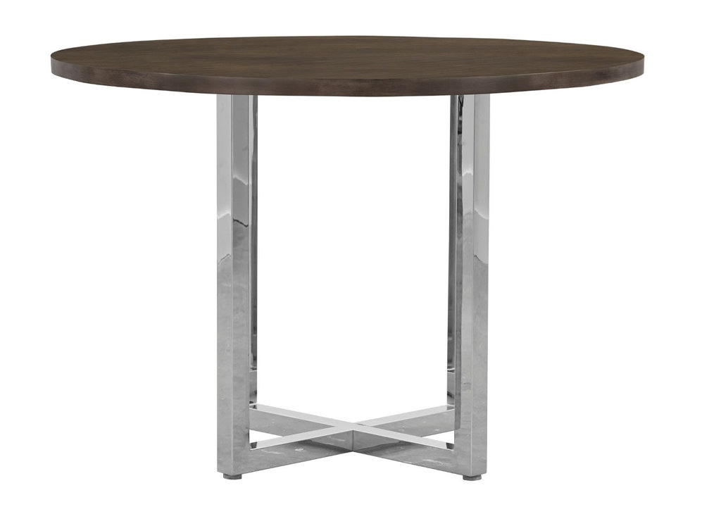 Versatile round counter table top acacia wood veneer and stainless steel chrome finish base